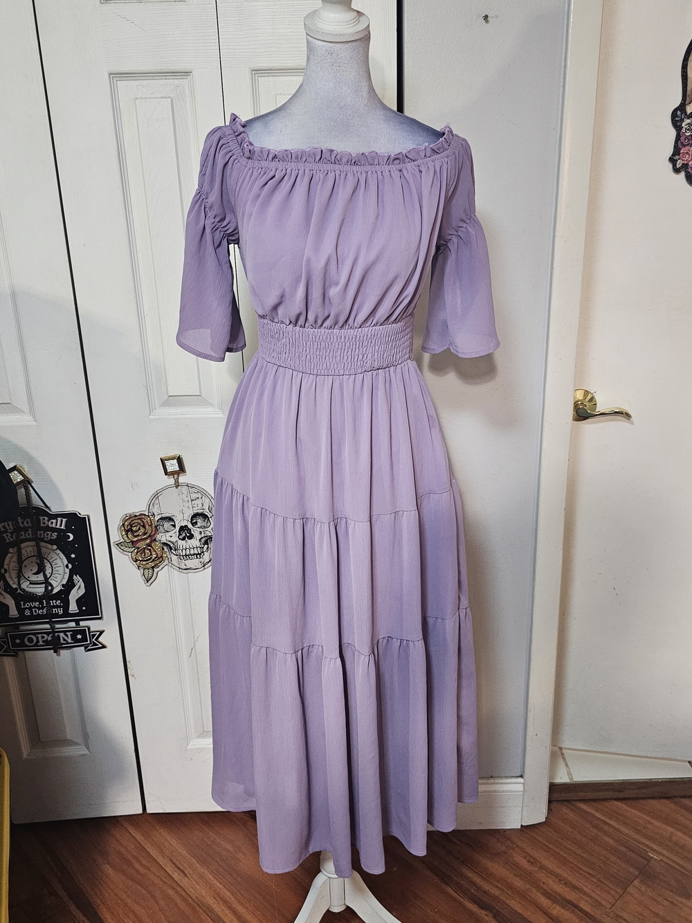 Lavender Off-Shoulder Tiered Maxi Dress with Smocked Waist